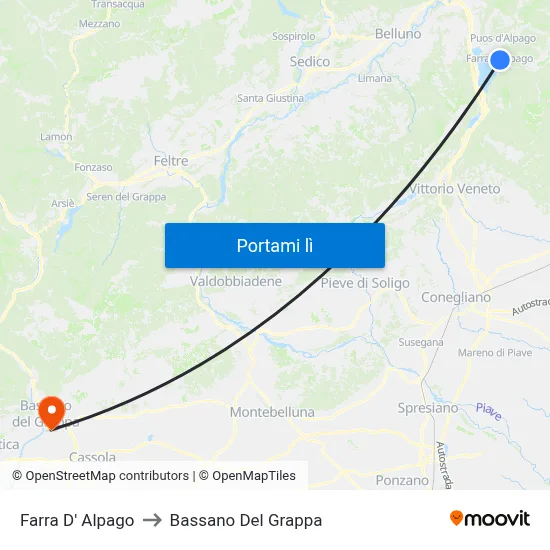 Farra D' Alpago to Bassano Del Grappa map
