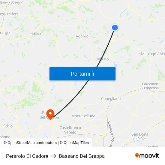 Perarolo Di Cadore to Bassano Del Grappa map