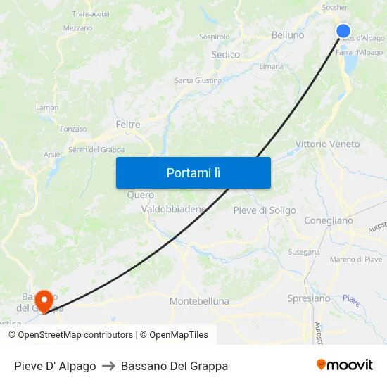 Pieve D' Alpago to Bassano Del Grappa map