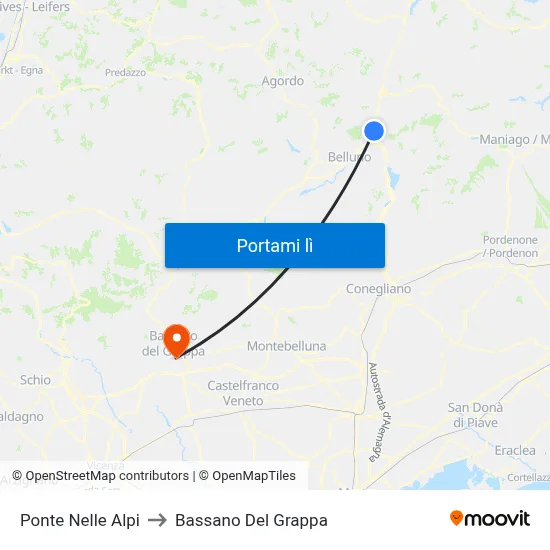 Ponte Nelle Alpi to Bassano Del Grappa map