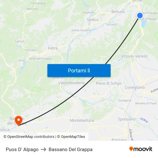 Puos D' Alpago to Bassano Del Grappa map