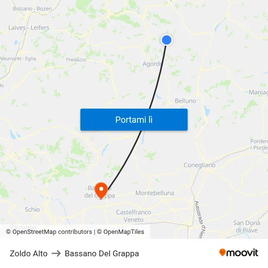 Zoldo Alto to Bassano Del Grappa map