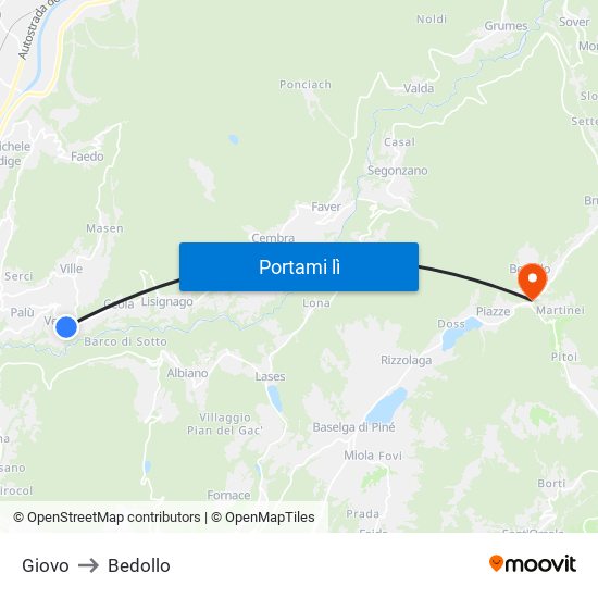 Giovo to Bedollo map