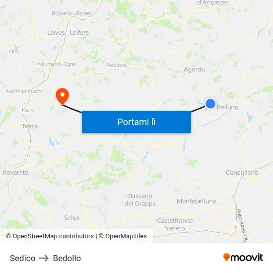 Sedico to Bedollo map