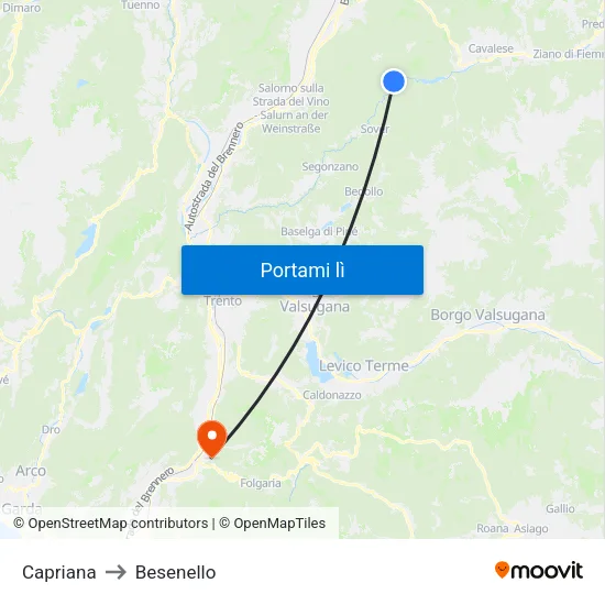 Capriana to Besenello map