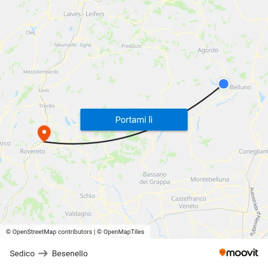 Sedico to Besenello map