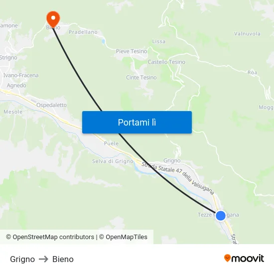 Grigno to Bieno map