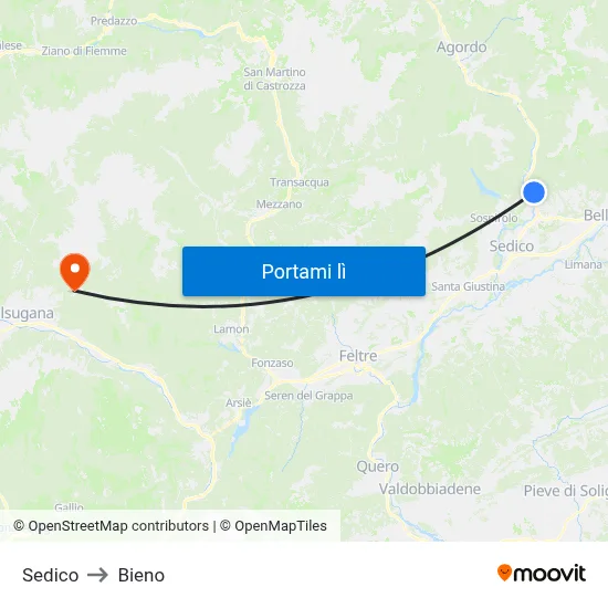 Sedico to Bieno map