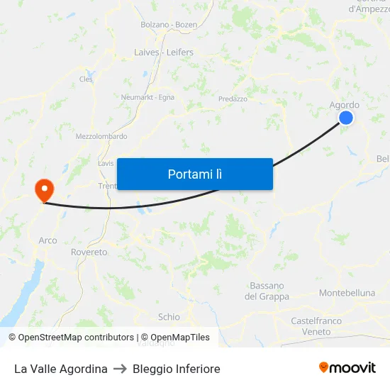 La Valle Agordina to Bleggio Inferiore map