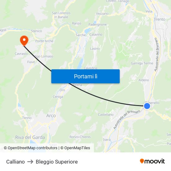 Calliano to Bleggio Superiore map