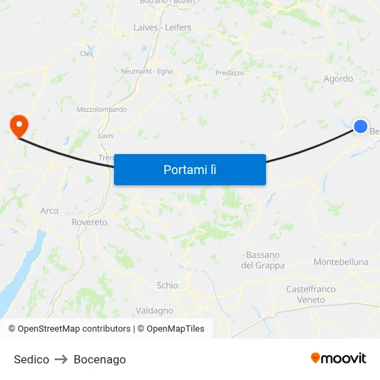 Sedico to Bocenago map