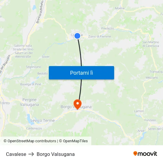 Cavalese to Borgo Valsugana map