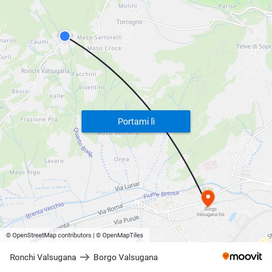 Ronchi Valsugana to Borgo Valsugana map