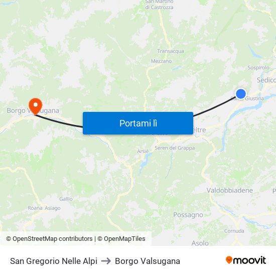 San Gregorio Nelle Alpi to Borgo Valsugana map