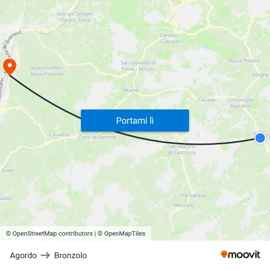 Agordo to Bronzolo map