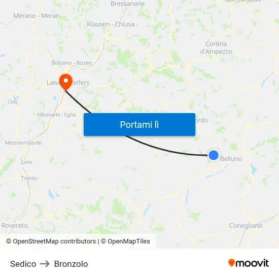 Sedico to Bronzolo map