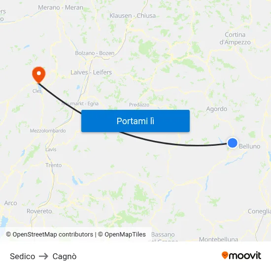 Sedico to Cagnò map