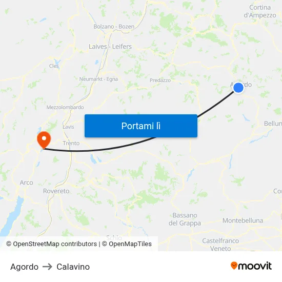 Agordo to Calavino map