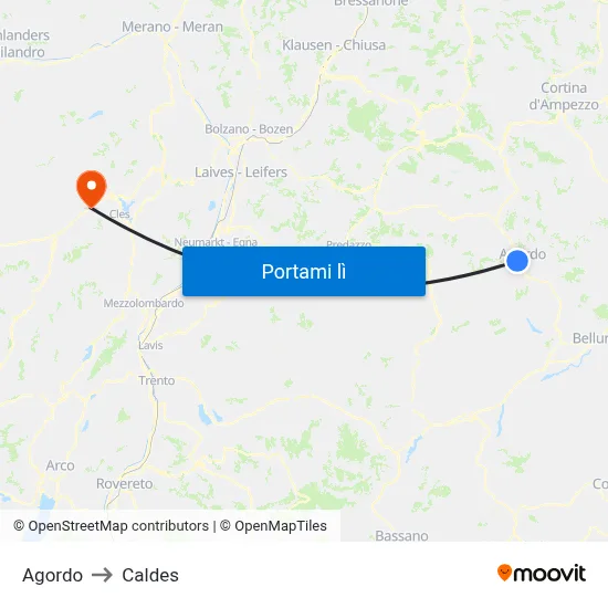 Agordo to Caldes map