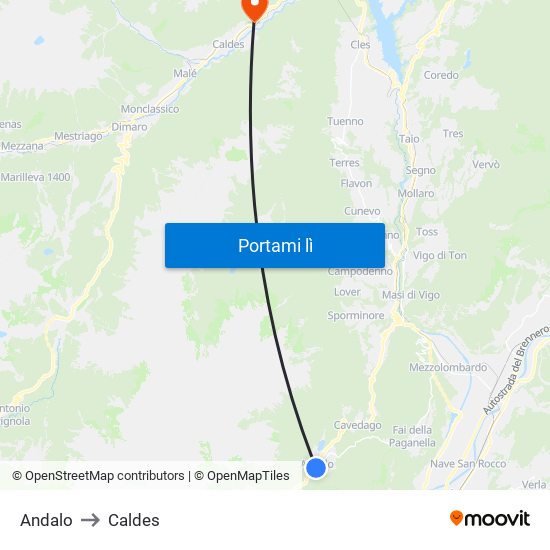 Andalo to Caldes map