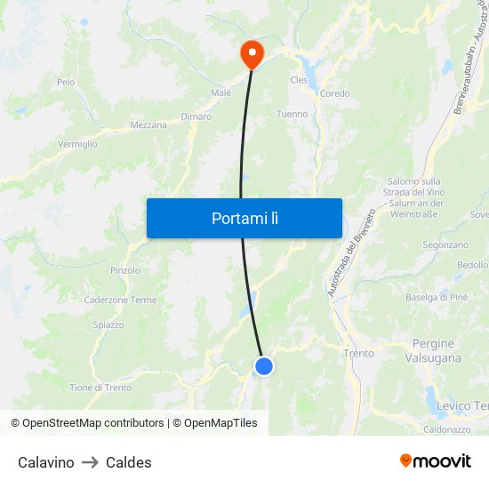 Calavino to Caldes map