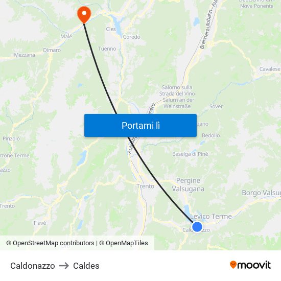 Caldonazzo to Caldes map