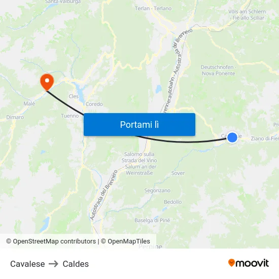 Cavalese to Caldes map