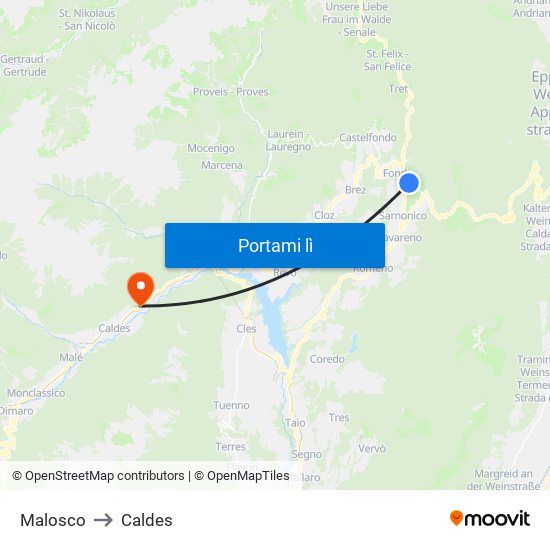 Malosco to Caldes map