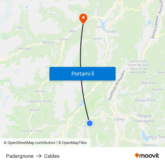 Padergnone to Caldes map