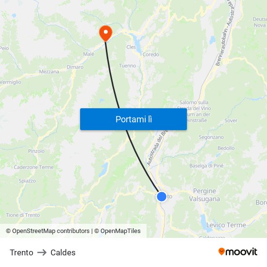 Trento to Caldes map