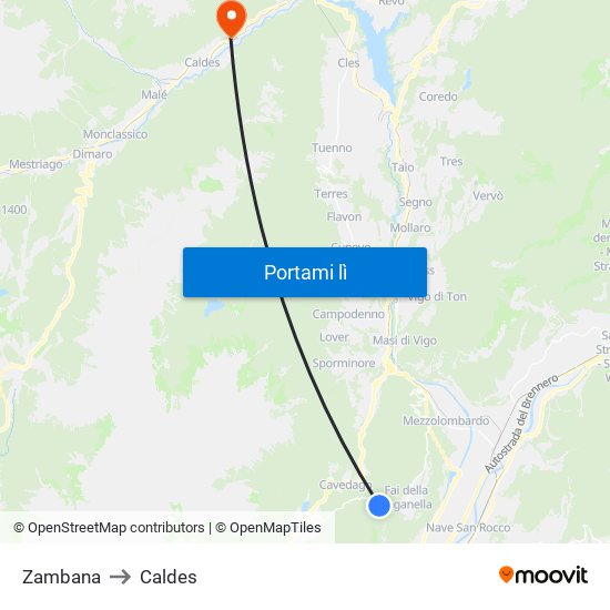 Zambana to Caldes map