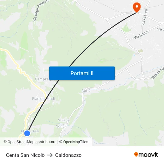 Centa San Nicolò to Caldonazzo map