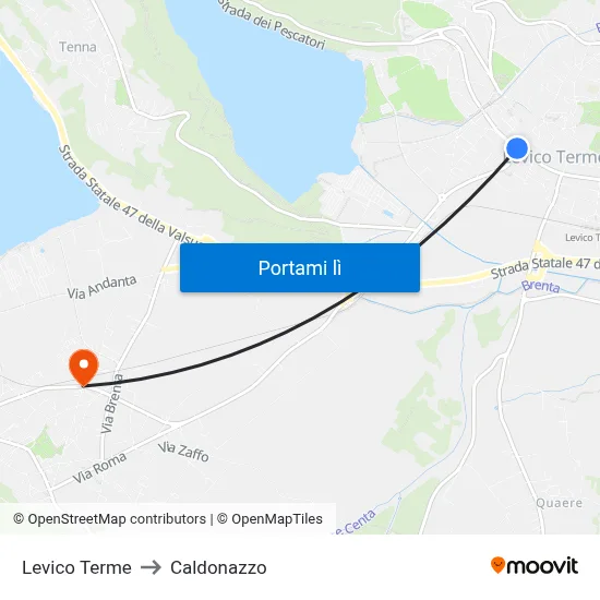 Levico Terme to Caldonazzo map