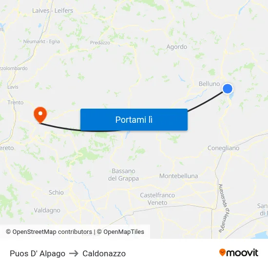 Puos D' Alpago to Caldonazzo map
