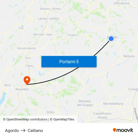 Agordo to Calliano map