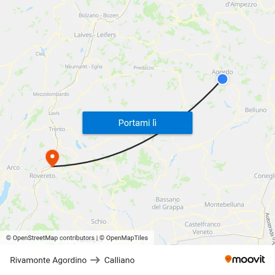 Rivamonte Agordino to Calliano map