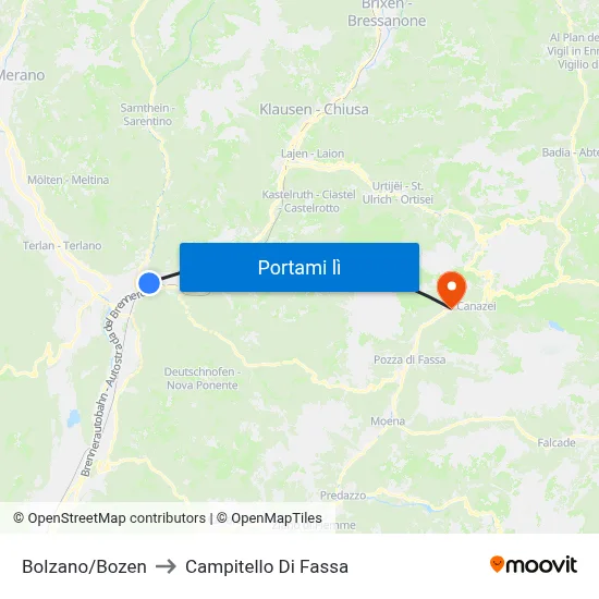 Bolzano/Bozen to Campitello Di Fassa map