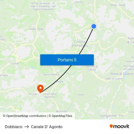 Dobbiaco to Canale D' Agordo map