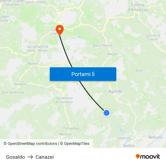 Gosaldo to Canazei map