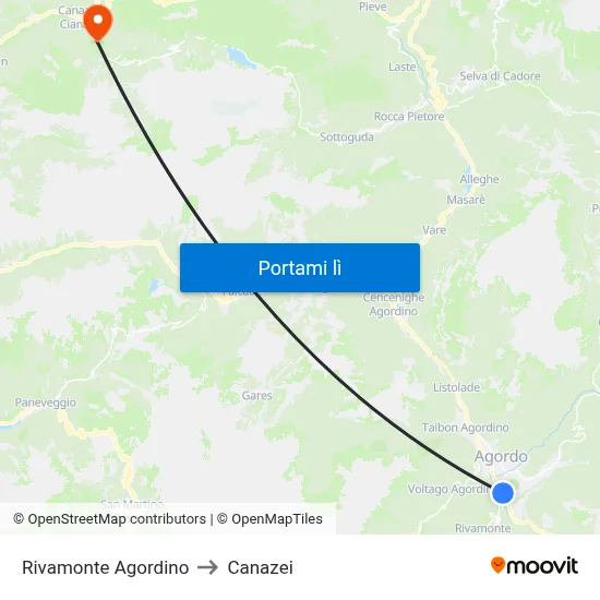 Rivamonte Agordino to Canazei map