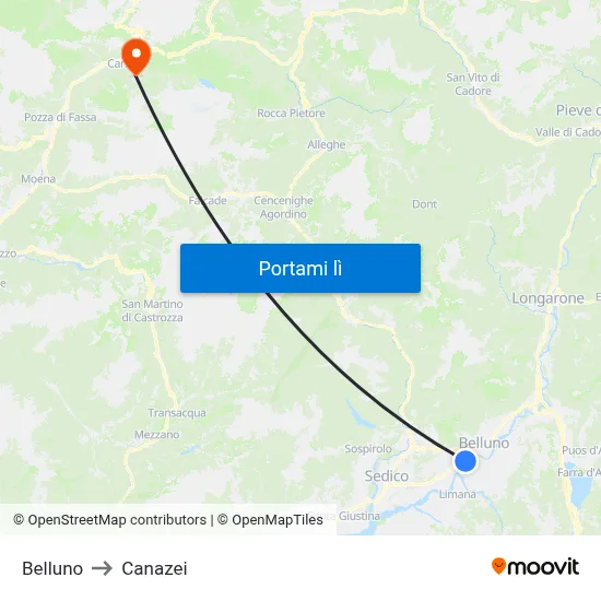 Belluno to Canazei map