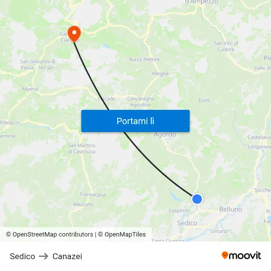 Sedico to Canazei map
