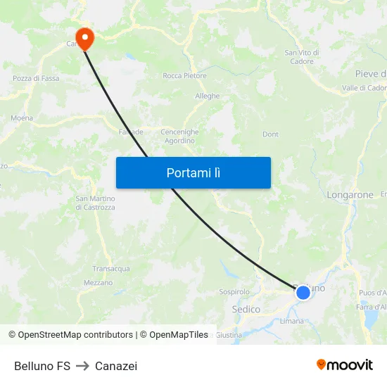 Belluno FS to Canazei map