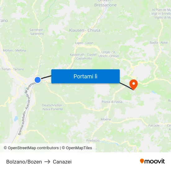 Bolzano/Bozen to Canazei map