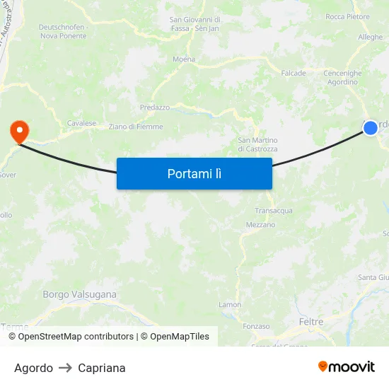 Agordo to Capriana map