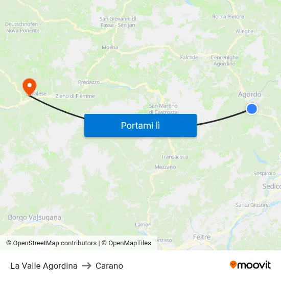 La Valle Agordina to Carano map