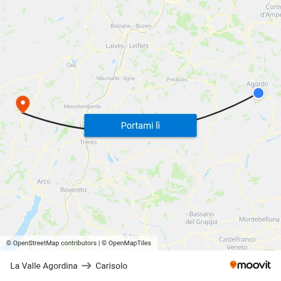 La Valle Agordina to Carisolo map