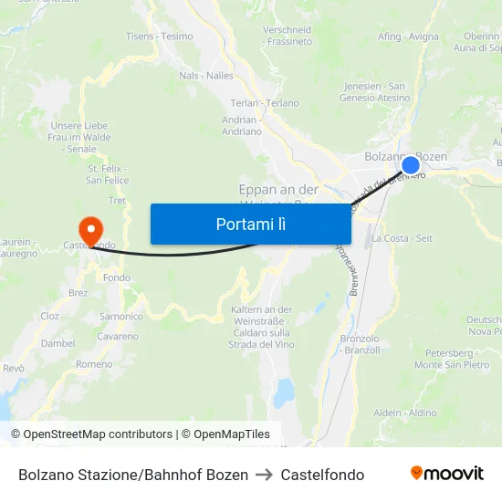 Bolzano Stazione/Bahnhof Bozen to Castelfondo map
