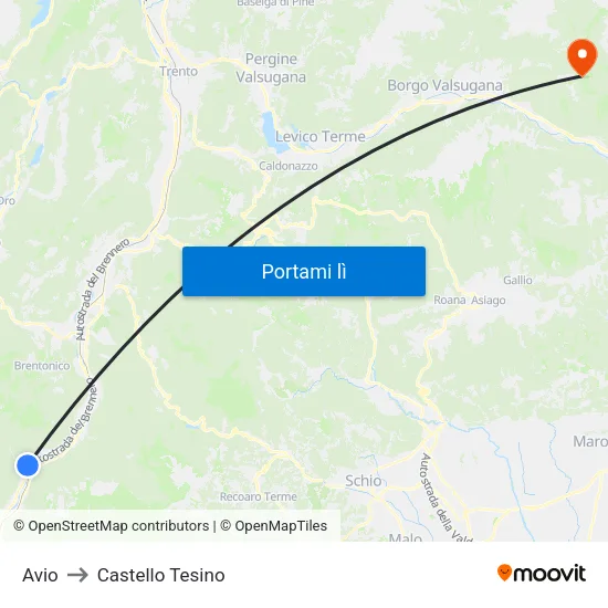 Avio to Castello Tesino map
