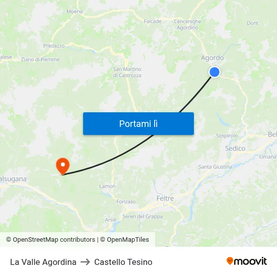 La Valle Agordina to Castello Tesino map